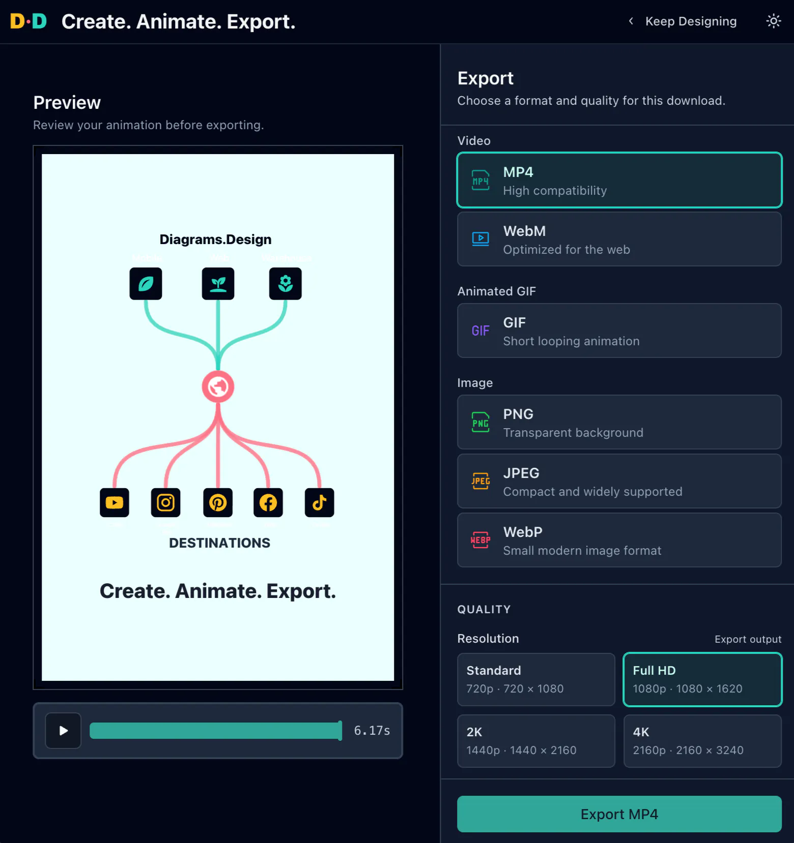 Export interface showing format and resolution options