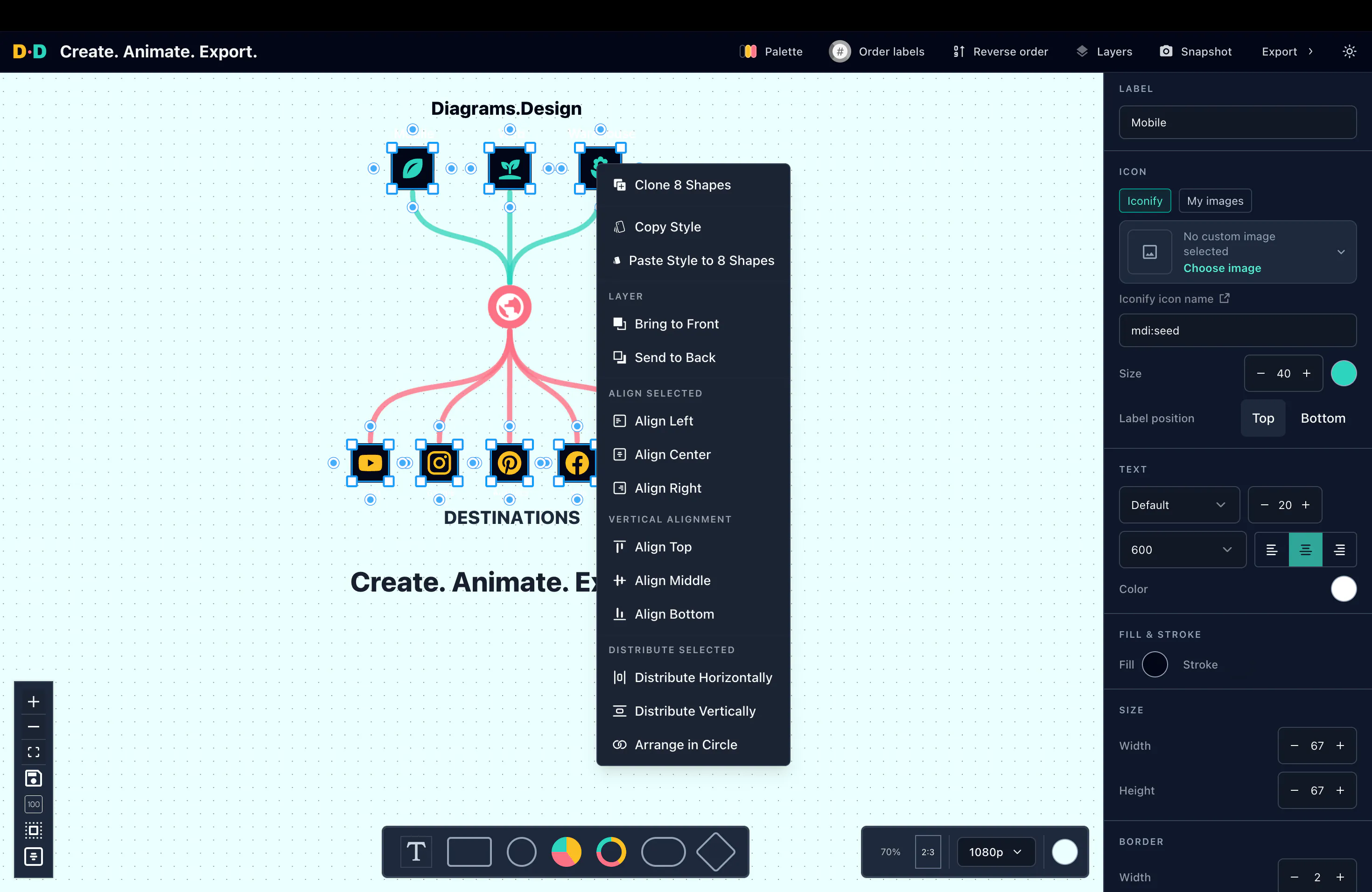 A screenshot of multiple selected shapes with the context menu open, highlighting alignment, distribution, cloning, and styling actions.