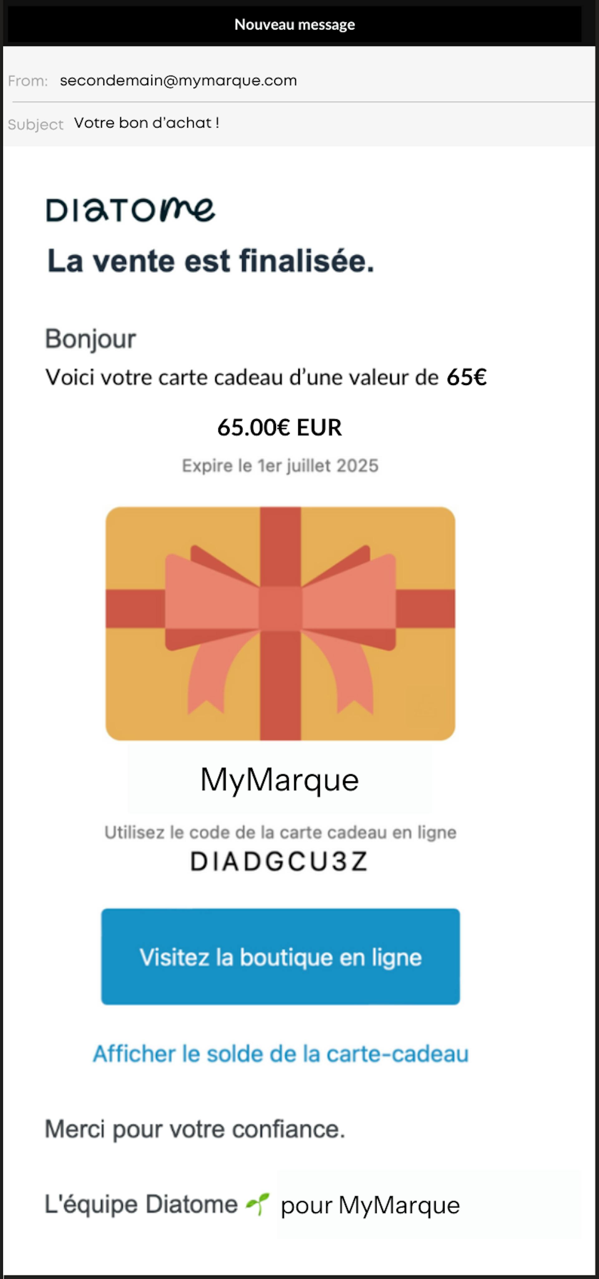 Réception carte cadeau 