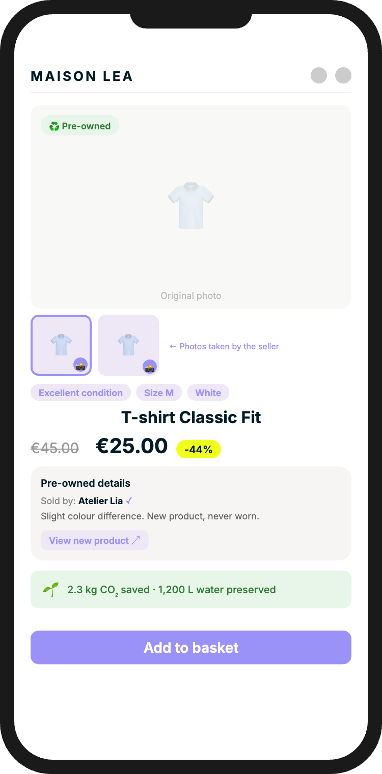 Pre-owned product page with condition details, seller info and eco-impact