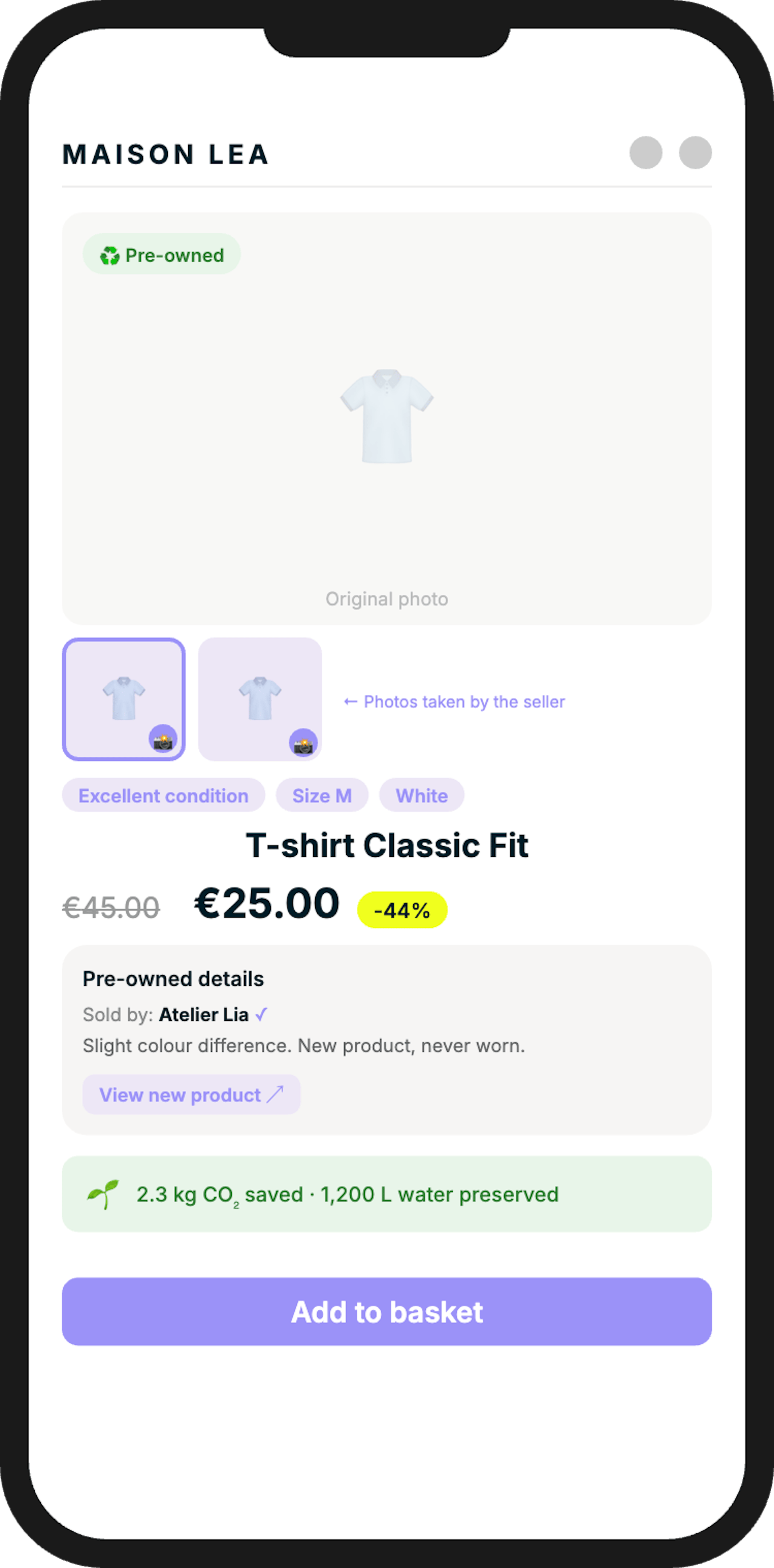 Pre-owned product page with condition details, seller info and eco-impact