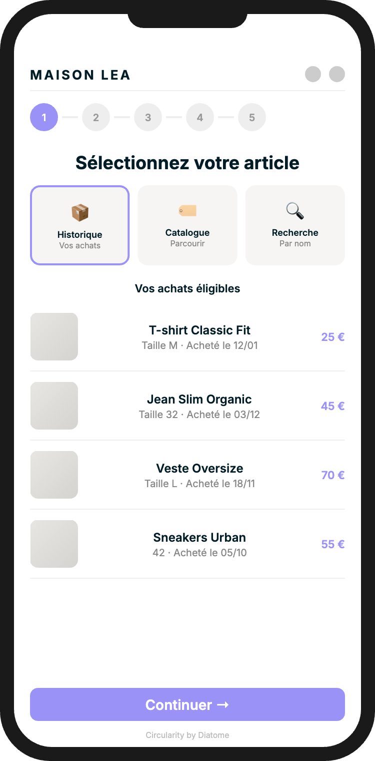 Page collection intelligente Diatome affichant articles neufs et seconde main