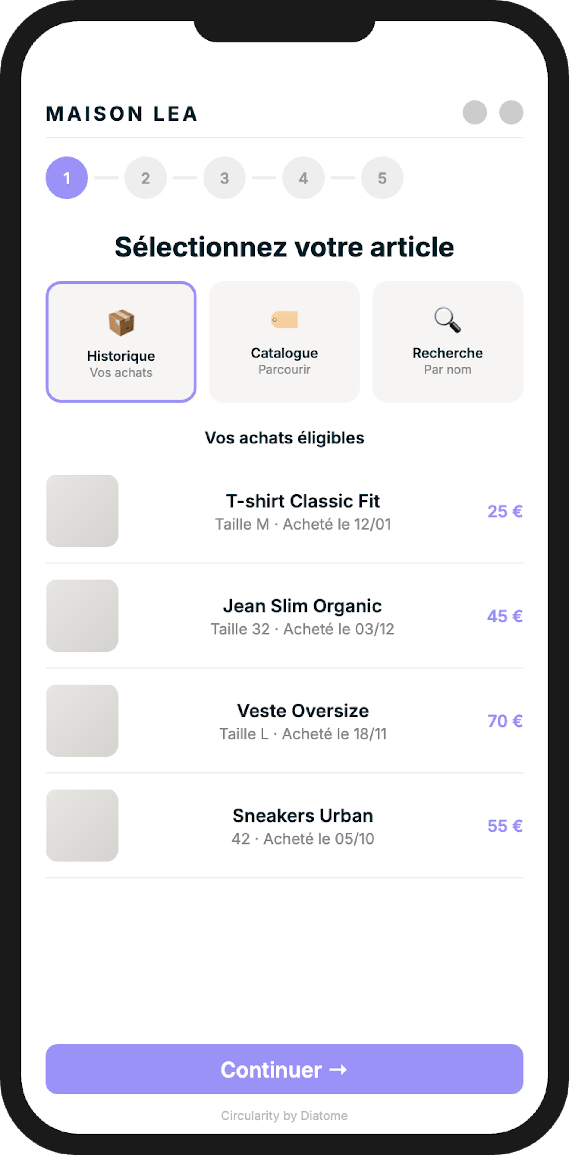 Page collection intelligente Diatome affichant articles neufs et seconde main