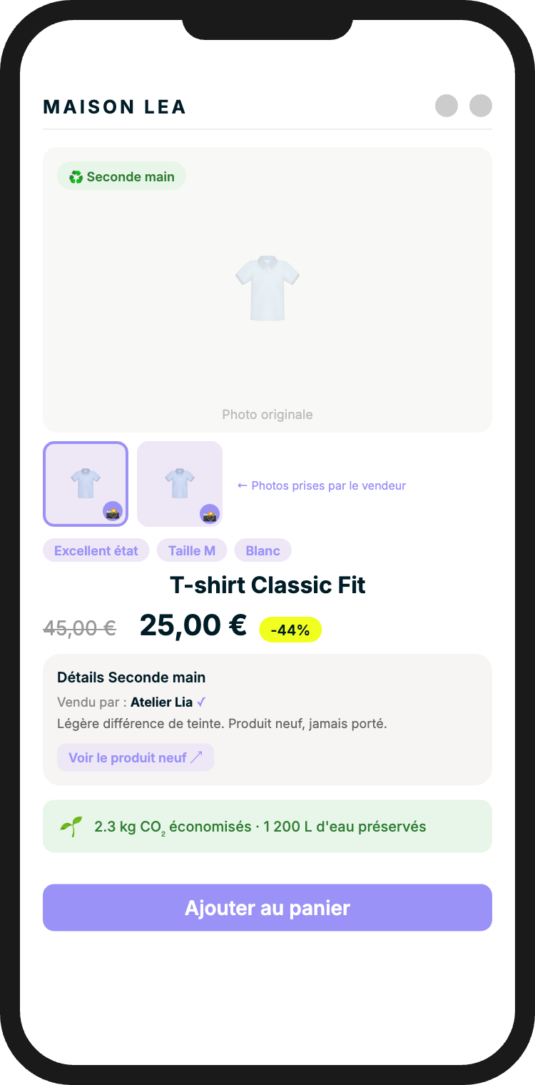 Page produit seconde main avec état, vendeur et impact écologique