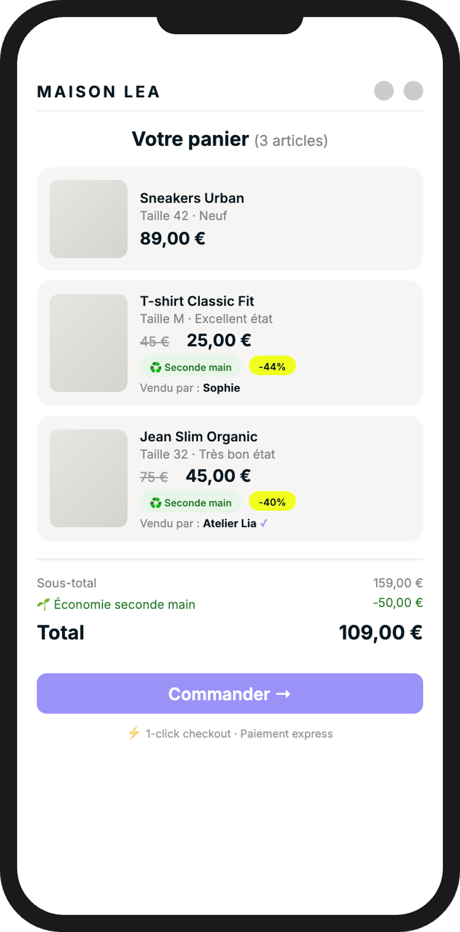 Panier d'achat combinant articles neufs et d'occasion