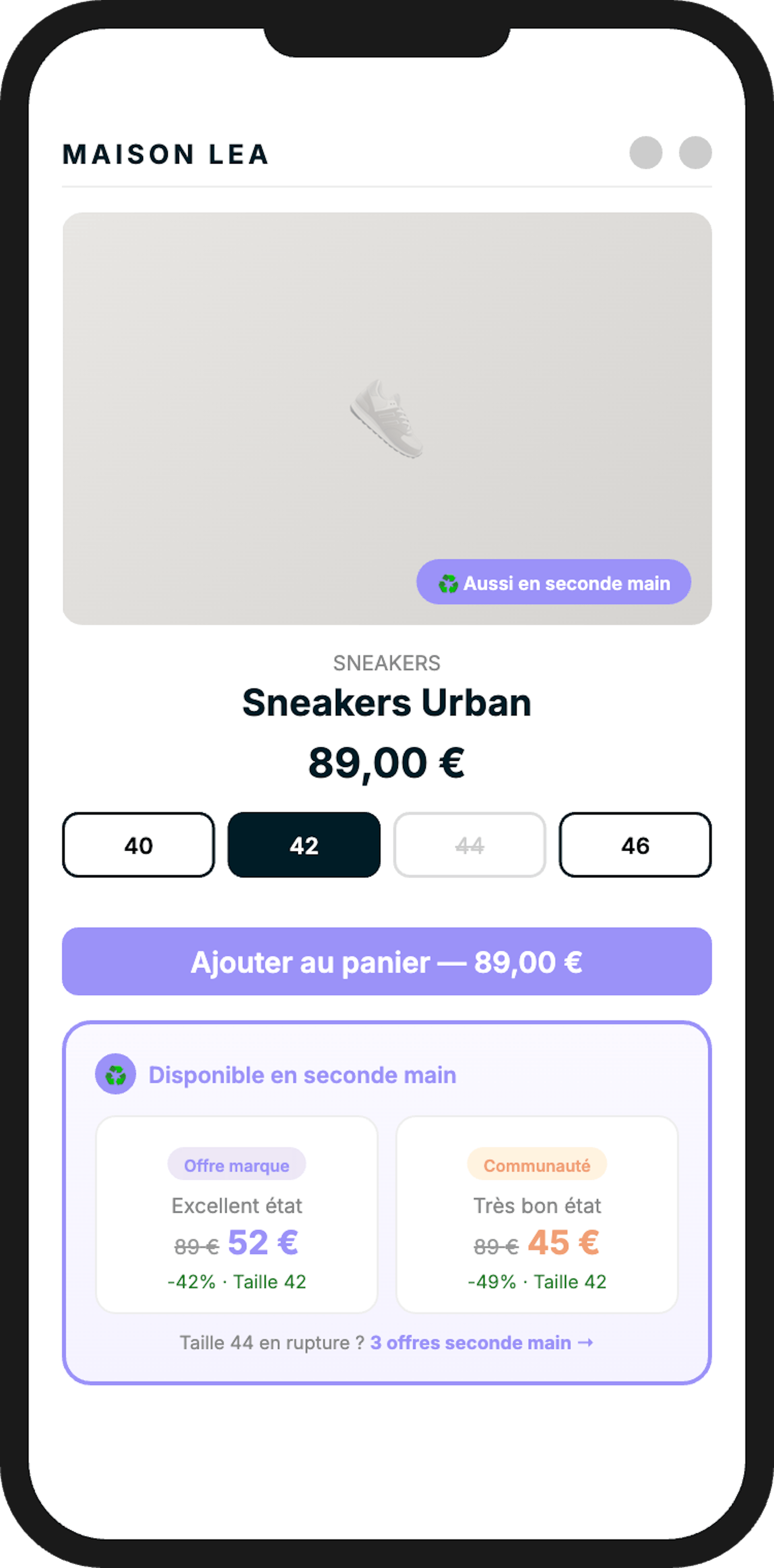 Widget de découverte montrant les alternatives seconde main