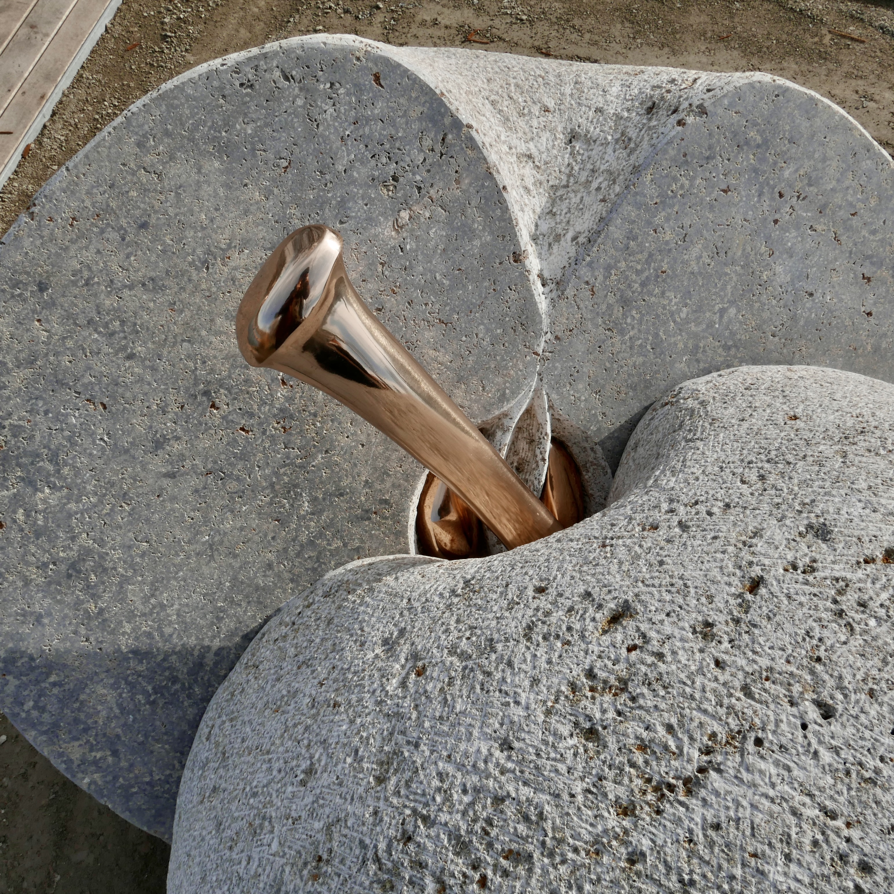 Detail Apfelstiel und Apfelkerne in massivem Bronzeguss