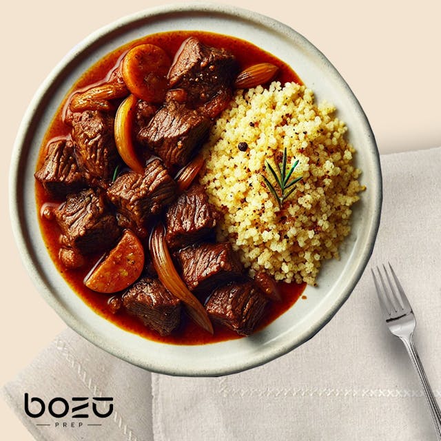 STEWED BEEF STIFADO, COUSCOUS