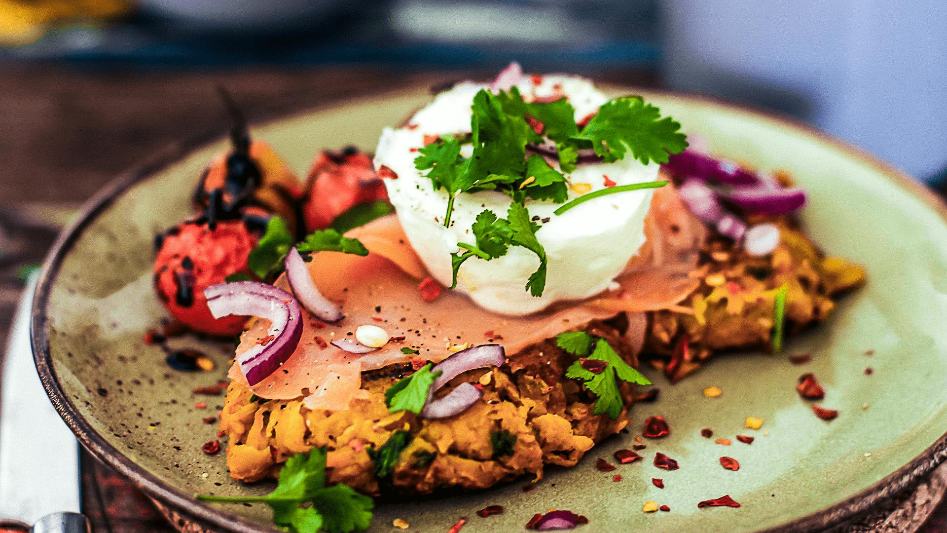Pulled Chicken & Sweet Potato Hash with Poached Egg