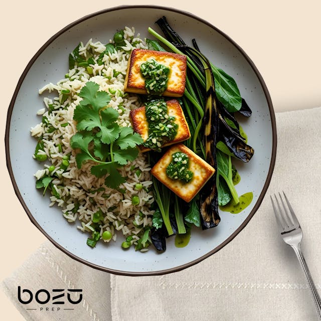 Pan Fried Tofu, Coriander Rice, Charred Greens, Chimichurri Dressing