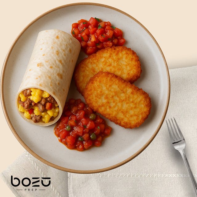 Breakfast Burrito, Hash Browns, Tomato Relish