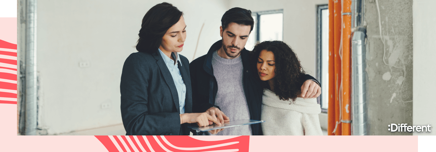 A real estate investment expert explaining the financing and planning basics to a young couple