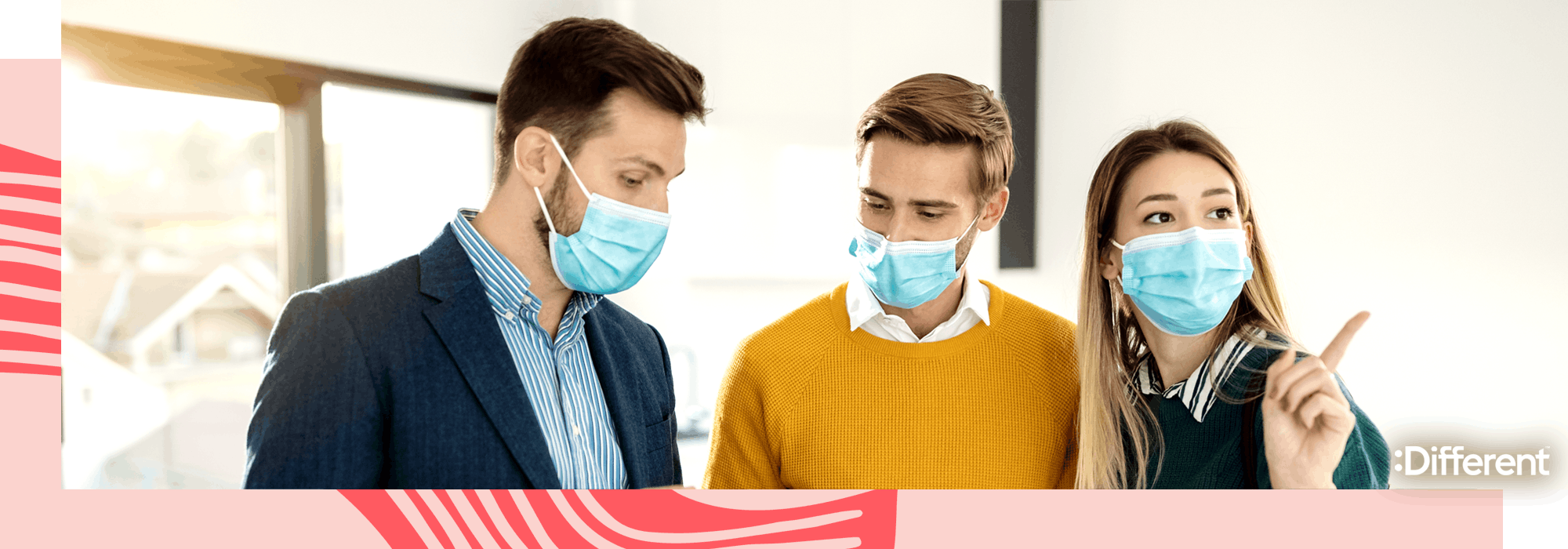 people wearing masks and inspecting a house