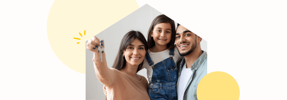 A father, young daughter and mother, holding a house key