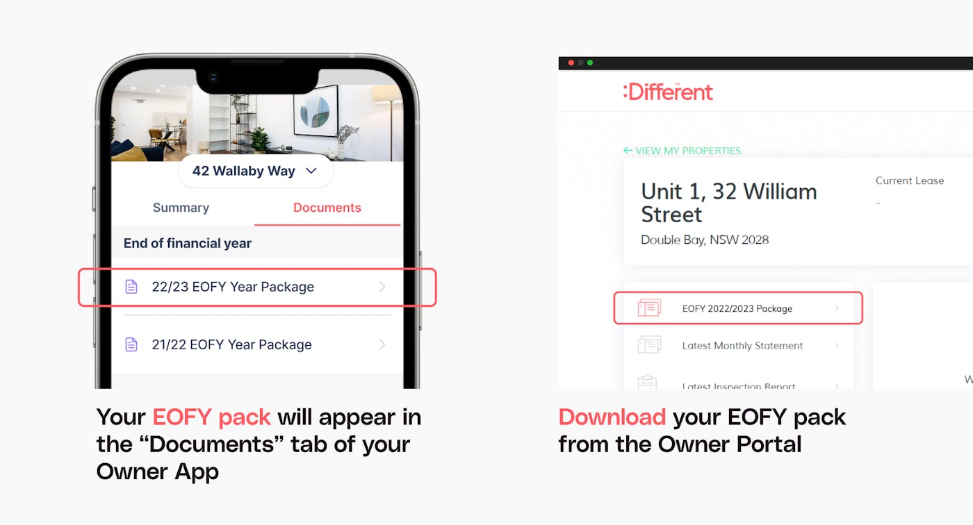 EOFY pack screens in the Owner App and Owner Portal