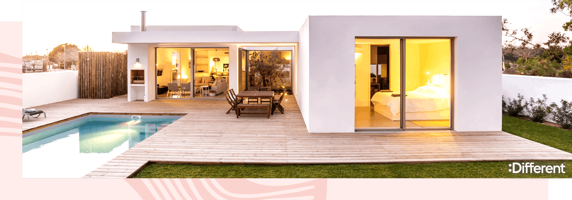 A modular home with a pool and a yard wrapped around the house | :Different