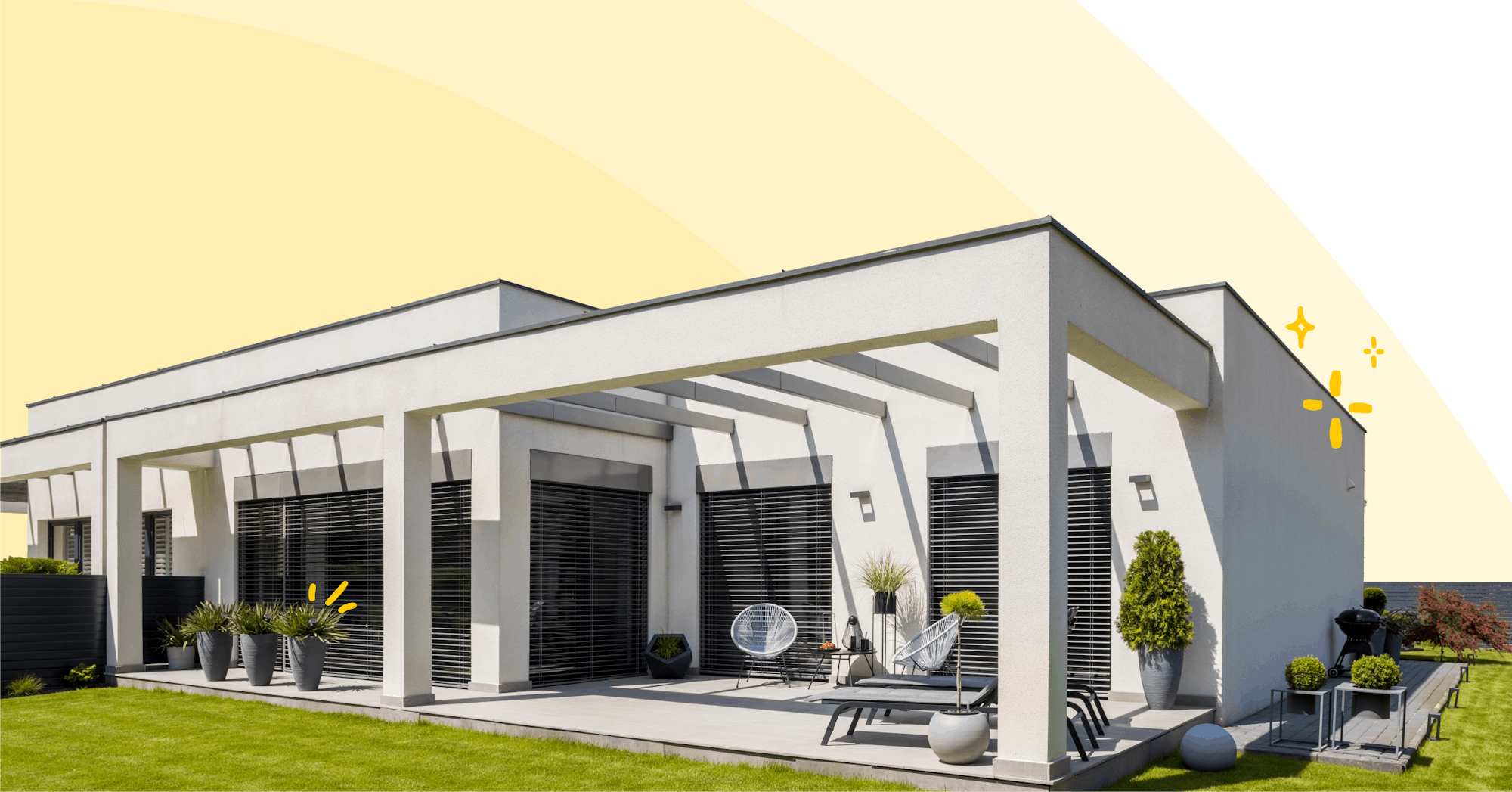 A modern house and a backyard.