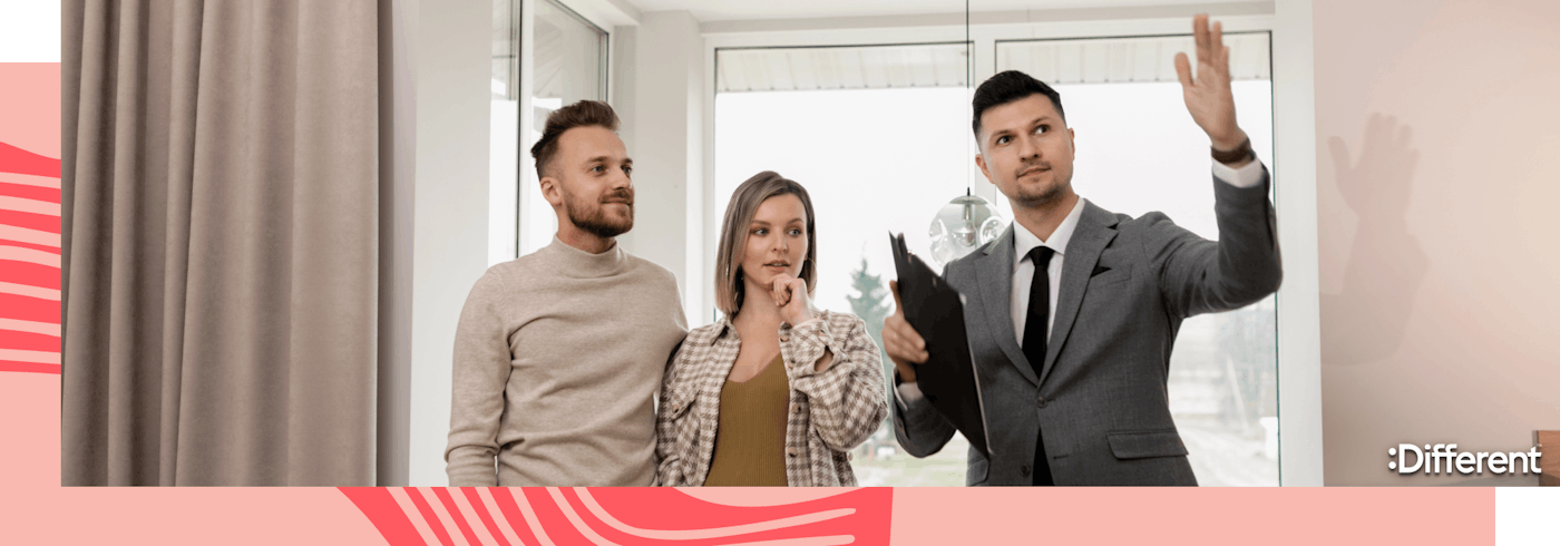 Couple tours investment home with manager amidst fluctuating Australian property prices & investment property interest rates. Woman uneasy, man collected.