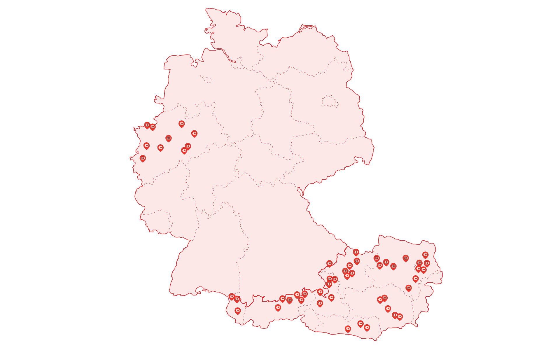 karte mit baumaschinen mietstationen in deutschland und oesterreich