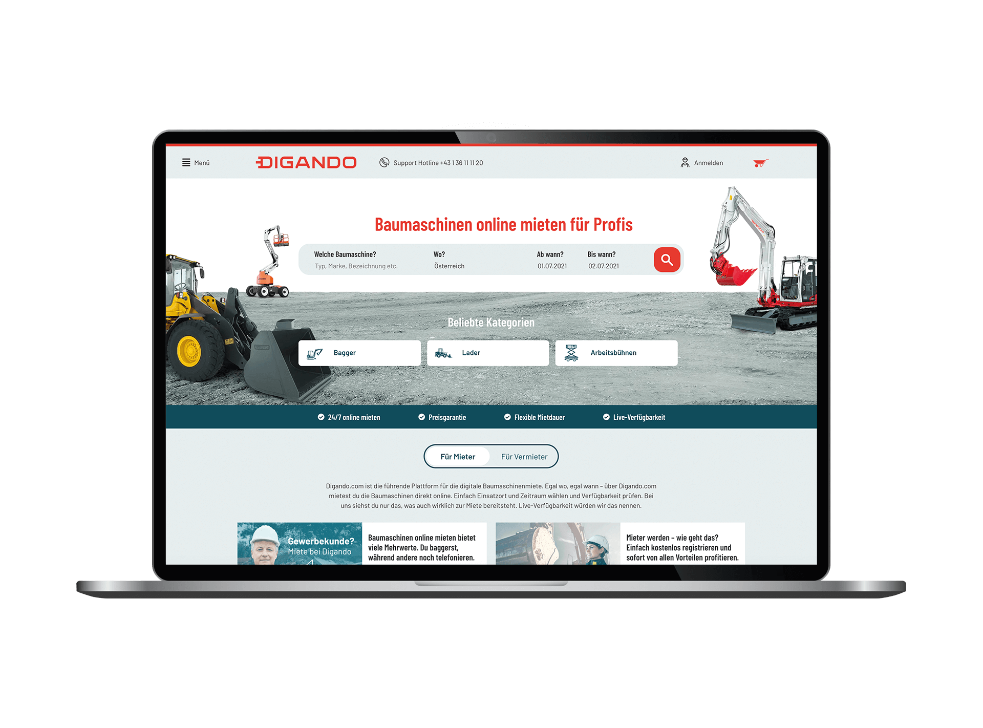 screenshot startseite baumaschinen mieten
