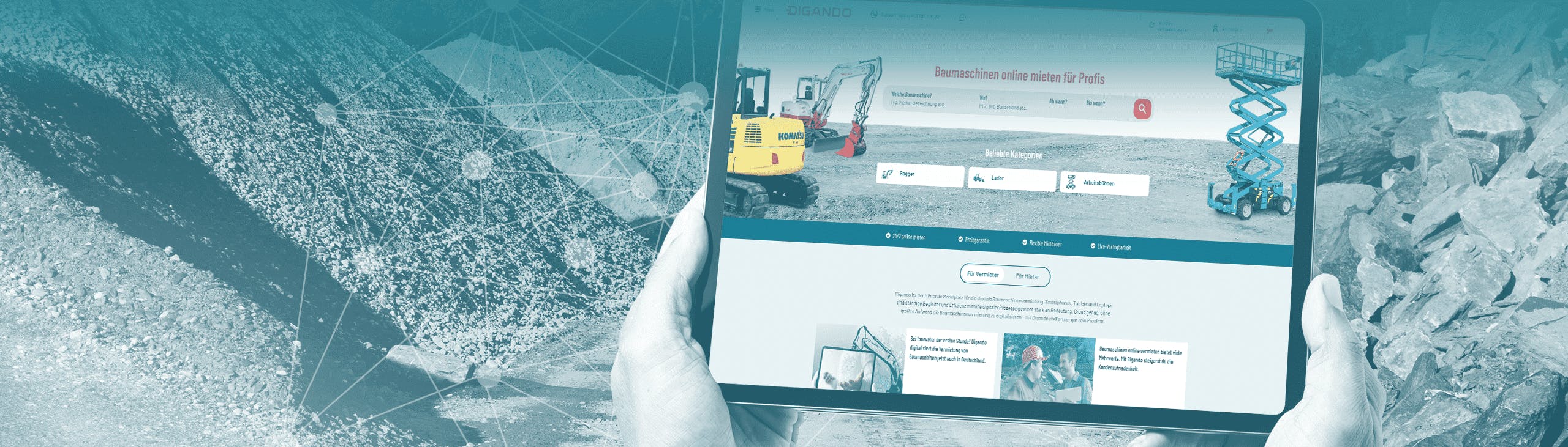 tablet mit bauarbeiter auf einer baustelle