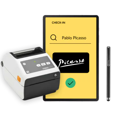 Illustration und Foto einer Check-in-App und eines Badge-Druckers