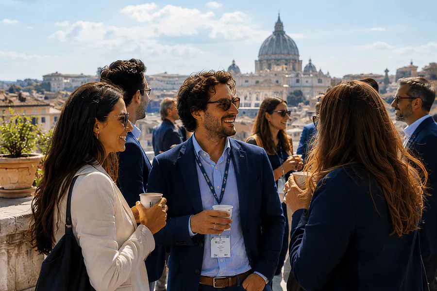 I collaboratori di BNP Paribas CIB si incontrano e condividono un momento informale durante la convention, con una vista panoramica su Roma.