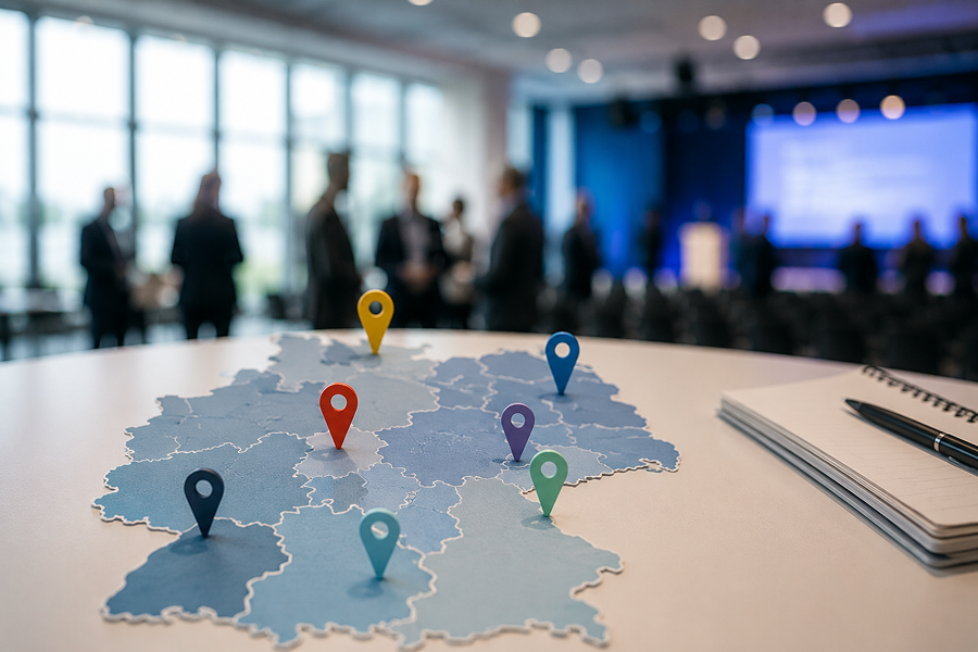 Moderne Veranstaltungsstätte in Deutschland mit Fokus auf regionale Vorschriften, Sicherheit und Teilnehmerzahlen bei Veranstaltungen.