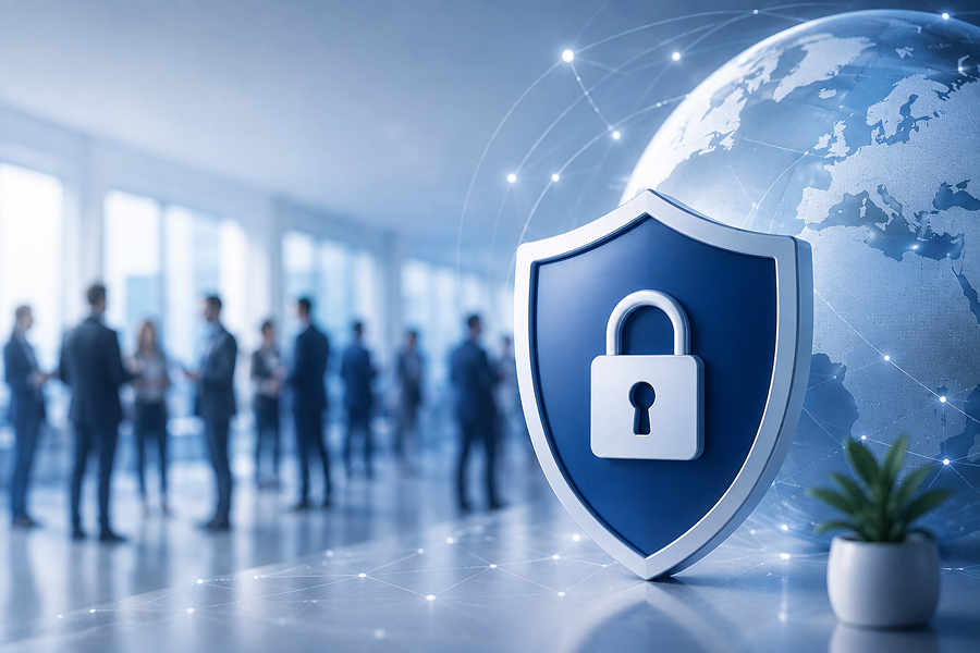Illustration of a shield protecting event data, symbolizing security, privacy, and attendee protection.