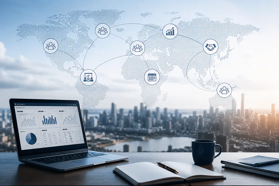 Illustration eines modernen Arbeitsplatzes mit Analyse-Dashboard, vernetzter Weltkarte und Steuerungstools.