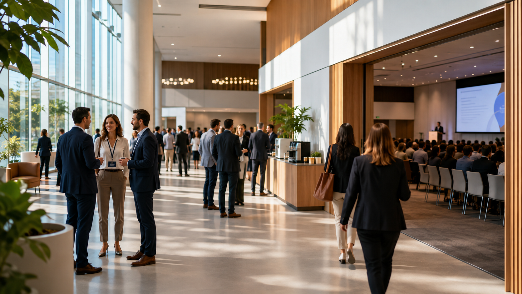 Evento profesional en un moderno centro de congresos, con asistentes reunidos para conferencias y actividades de networking.