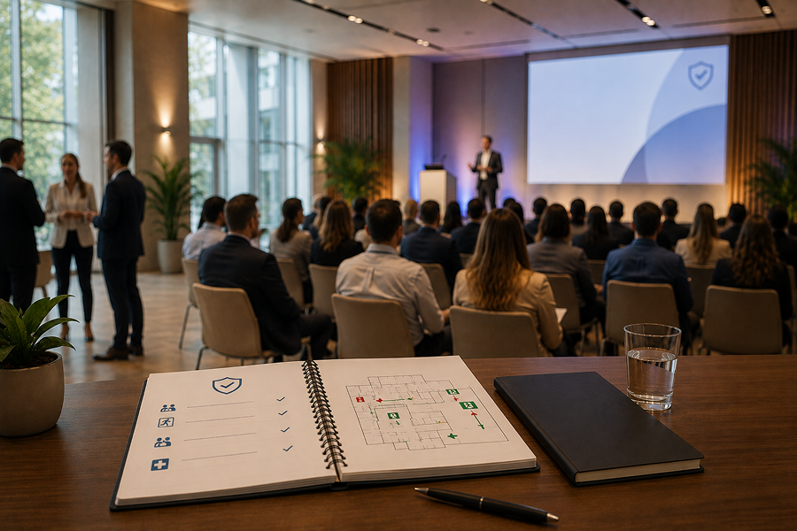 Evento professionale in una moderna sala conferenze, con un ambiente organizzato e un’attenzione alla sicurezza, alla gestione degli spazi e dei partecipanti.