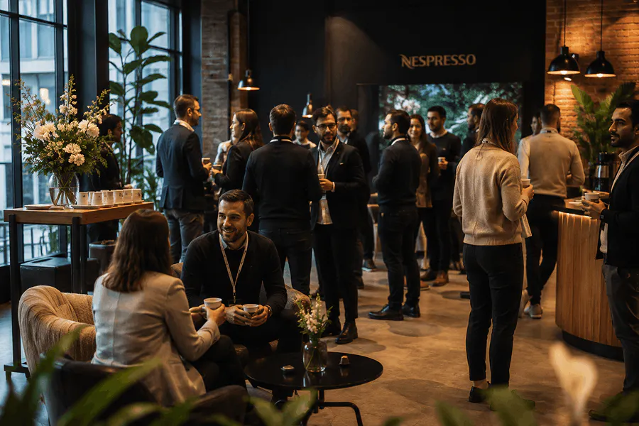 Teilnehmer im Austausch in einem Networking-Bereich beim Rendez-vous von Nespresso Canada.