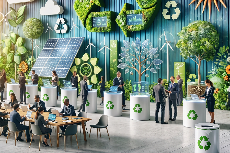 Illustration conceptuelle d'un salon dédié aux technologies durables, mêlant énergies renouvelables, recyclage et nature au cœur d'un espace professionnel moderne.