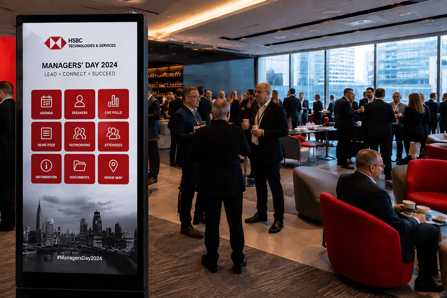 Infoterminal mit den Funktionen der Veranstaltung (Agenda, Referenten, Live-Umfragen, Networking) beim Managers' Day von HSBC Technologies & Services.