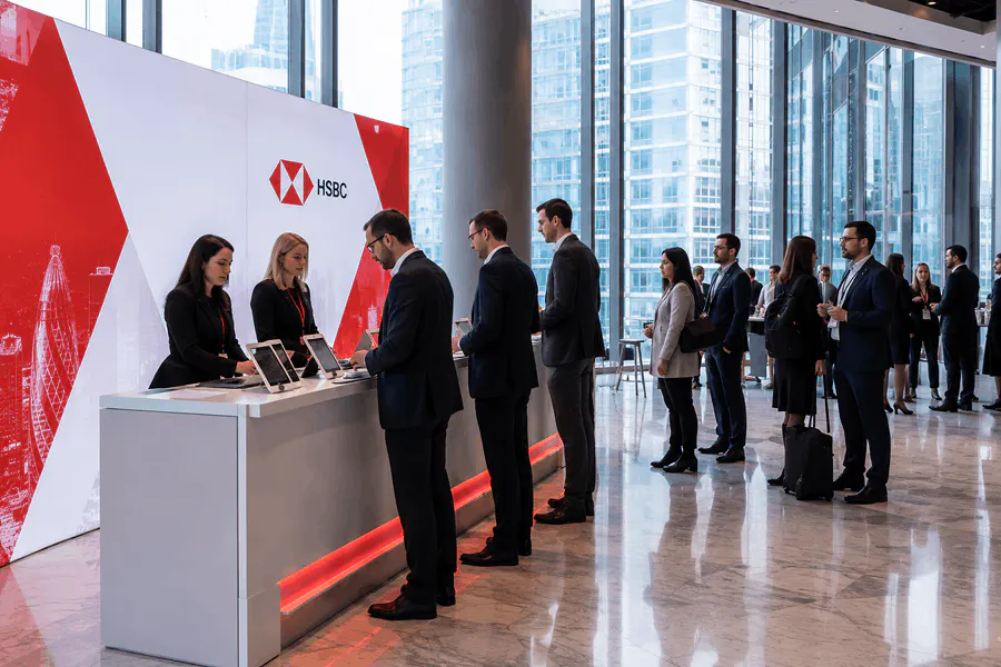 Empfangsbereich und Badge-Ausgabe beim Managers' Day von HSBC Technologies & Services.
