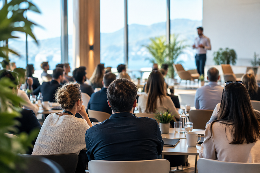 Participants réunis lors d’un séminaire d’entreprise dans un cadre professionnel et convivial, avec une présentation en cours et un environnement propice aux échanges.