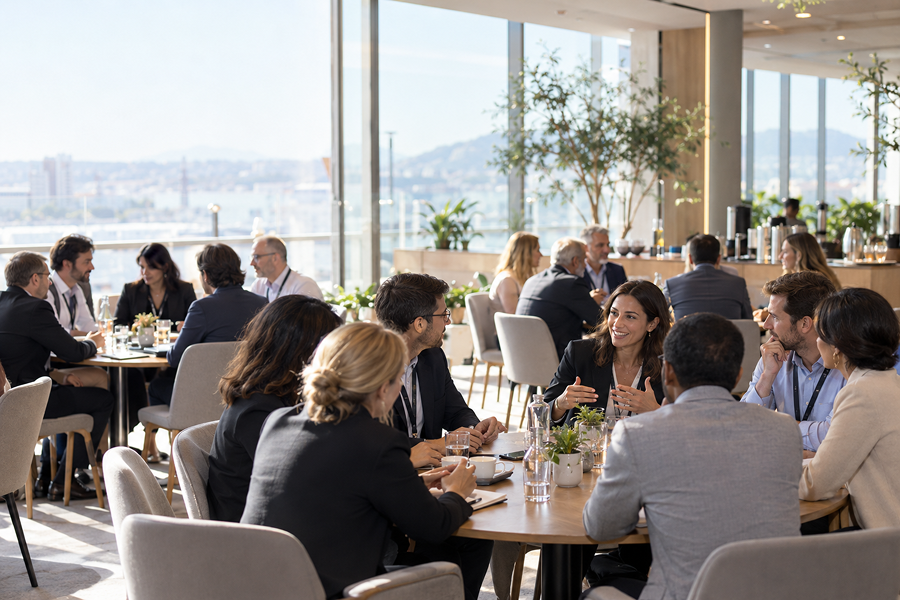 Professionals attend a small-group micro-event, chat around tables, and build their network in a modern, friendly setting.
