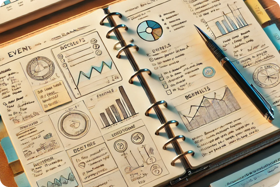 Caderno de eventos aberto com esboços de gráficos, indicadores, checklists e planos. Uma caneta repousa sobre a página, ilustrando a preparação de um evento com uma abordagem visual e estruturada.