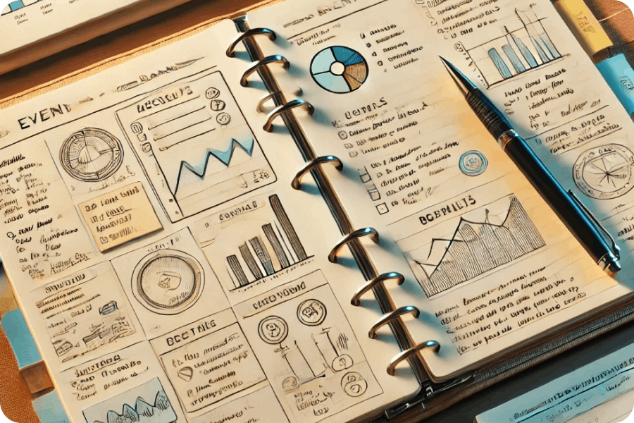 Caderno de eventos aberto com esboços de gráficos, indicadores, checklists e planos. Uma caneta repousa sobre a página, ilustrando a preparação de um evento com uma abordagem visual e estruturada.
