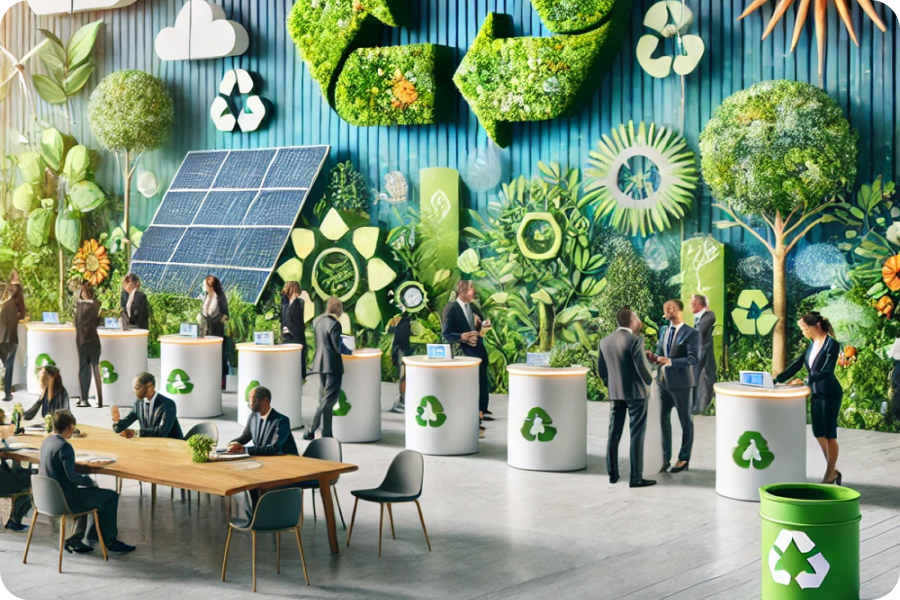 Scène d'un événement éco-responsable avec des stands décorés de panneaux solaires, végétation et symboles de recyclage, des participants en costumes échangeant dans un environnement durable.