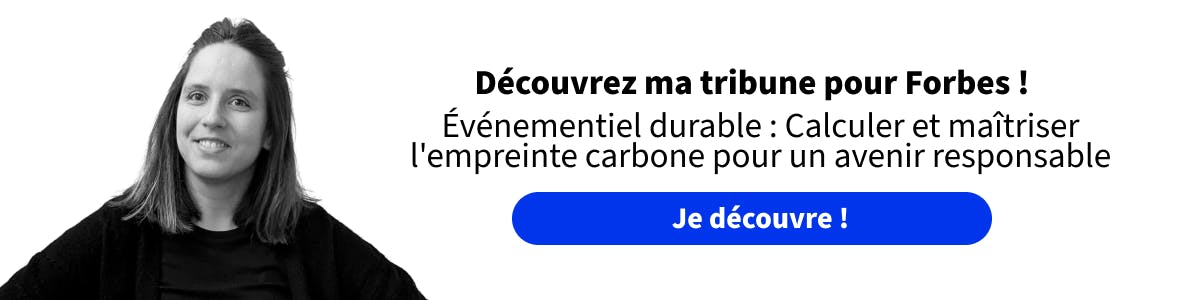 Visuel de Joy Grand présentant sa tribune dans Forbes sur l'événementiel durable et la maîtrise de l'empreinte carbone pour un avenir responsable.