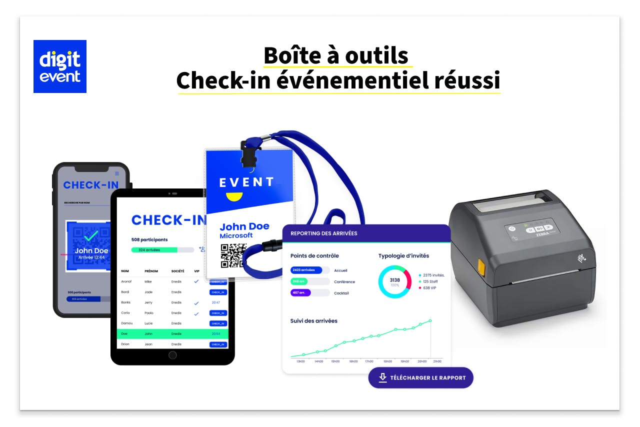 Boîte à outils Digitevent pour un check-in événementiel fluide : badge, QR code, reporting et impression rapide.