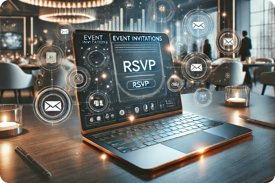 Laptop exibindo uma interface digital para gerenciamento de convites para eventos de negócios, com gráficos representando o envio de convites e a confirmação de RSVP em um ambiente elegante e conectado.