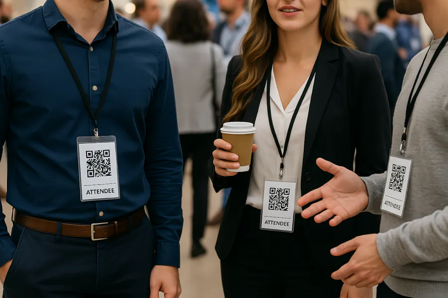 Foto von einer Business-Veranstaltung, auf der drei Teilnehmer Badges mit QR Codes um den Hals tragen. Das Bild zeigt den praktischen Einsatz des QR Codes, um den Empfang zu beschleunigen, den Austausch zu erleichtern und das Teilnehmererlebnis zu verbessern.
