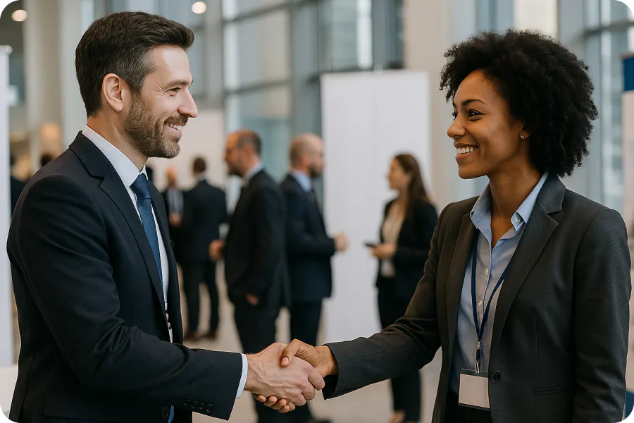 Zwei Fachleute geben sich bei einer B2B-Veranstaltung im Rahmen eines formellen Networkings die Hand.