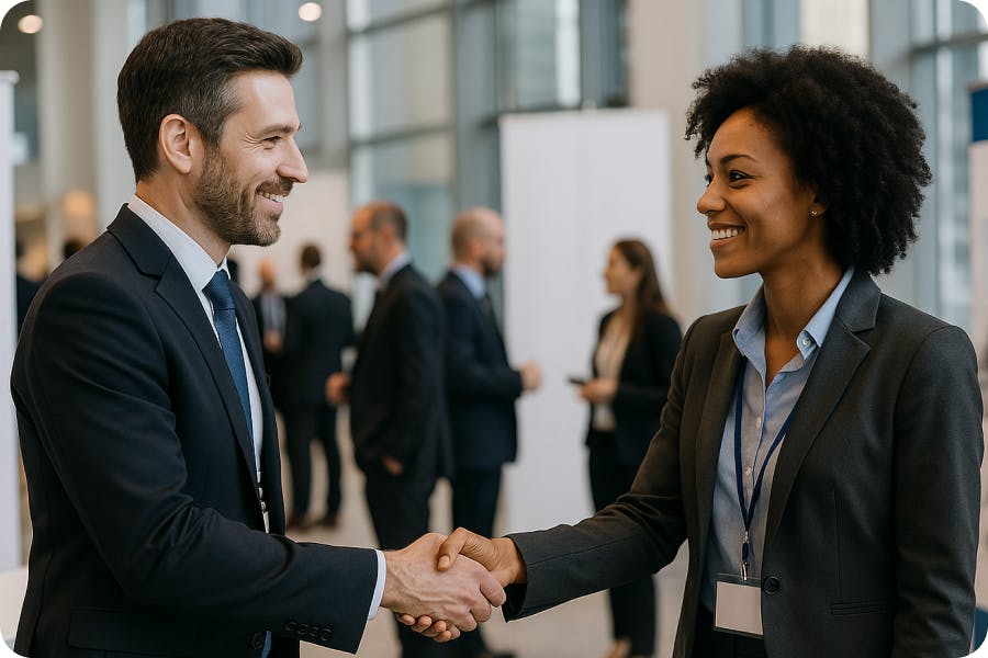 Deux professionnels se serrent la main lors d’un événement B2B, dans un cadre de networking formel.