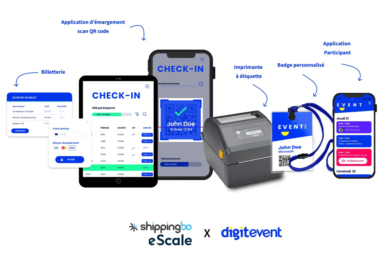 Solutions Digitevent pour organiser salon : billetterie, check-in QR code, badge, app mobile et imprimante étiquette.