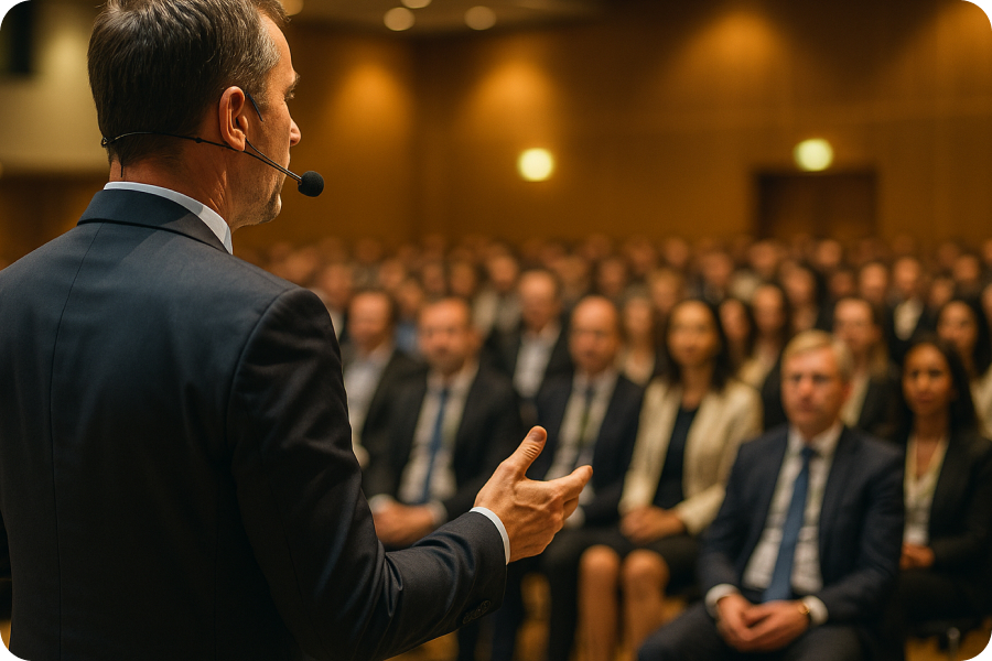 Un intervenant prend la parole devant une assemblée de professionnels attentifs lors d’un séminaire d’entreprise.