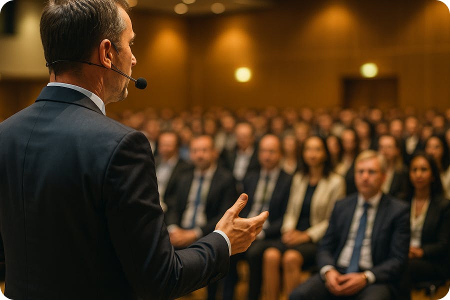 Un intervenant prend la parole devant une assemblée de professionnels attentifs lors d’un séminaire d’entreprise.